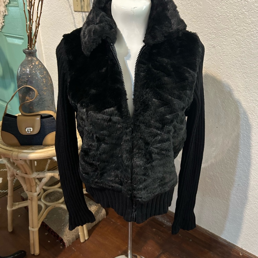 Black Faux Fur Teddy Jacket with Knit Sleeves - Women